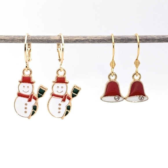 2 Pairs!!! Winter Snowman and Christmas Bell Earrings - Picture 2 of 4